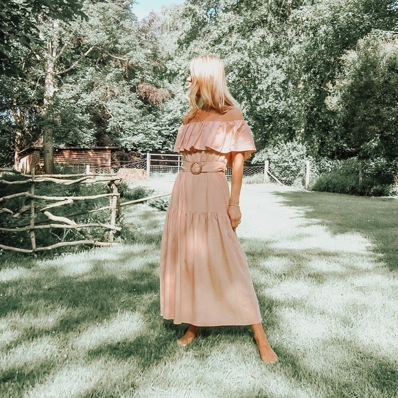 Topshop off the shoulder Ruffle Bardot Midi dress peach nude tiered dress Sz 6 - Picture 3 of 16